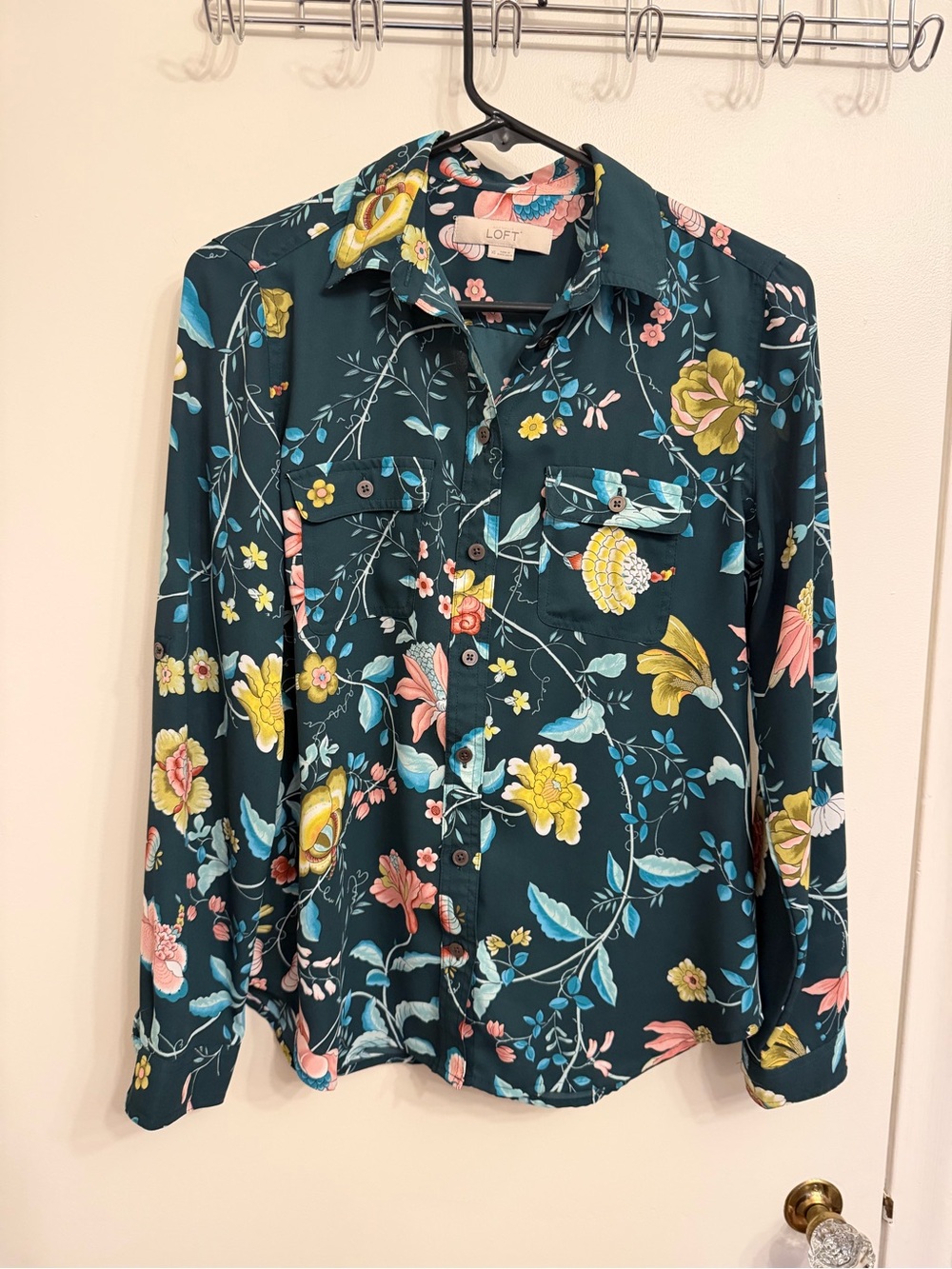 LOFT Ann Taylor Teal Floral Button-Up Blouse